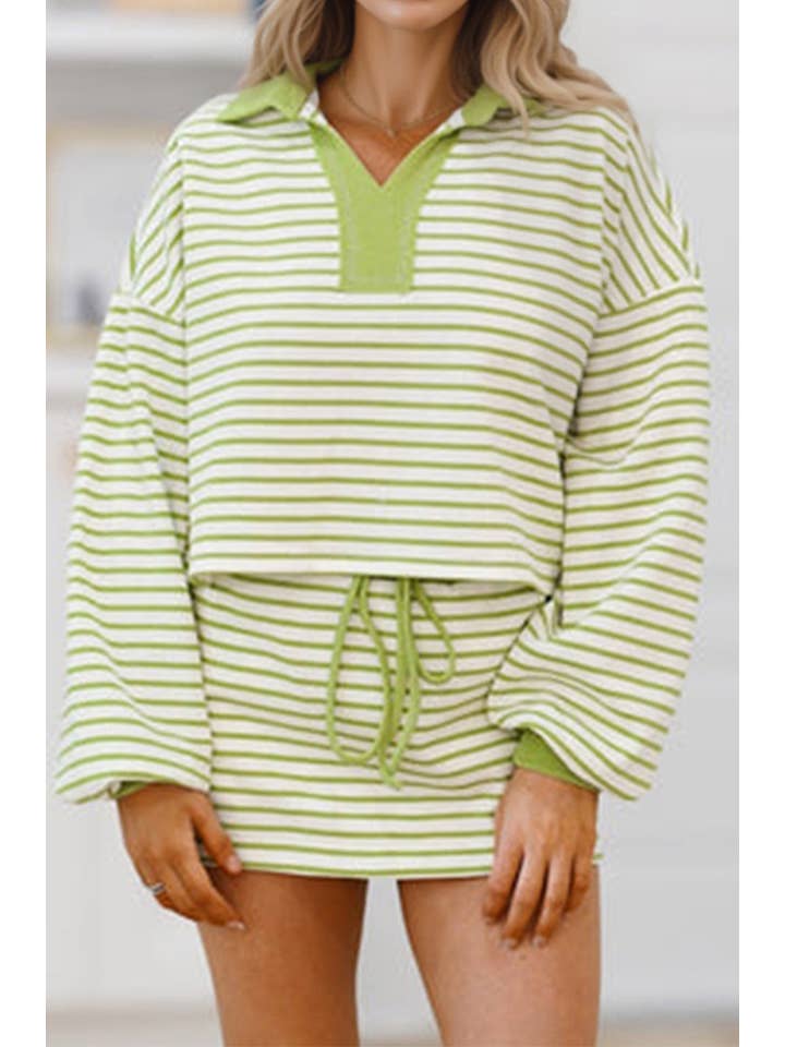 LA Society - Wholesale Lounge Set - Women's - Striped Collared V Neck Pullover and Skirt sets for women1