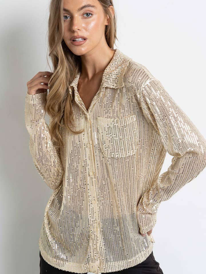 Long-sleeve button down mesh sequin blouse for wholesale by KIWI