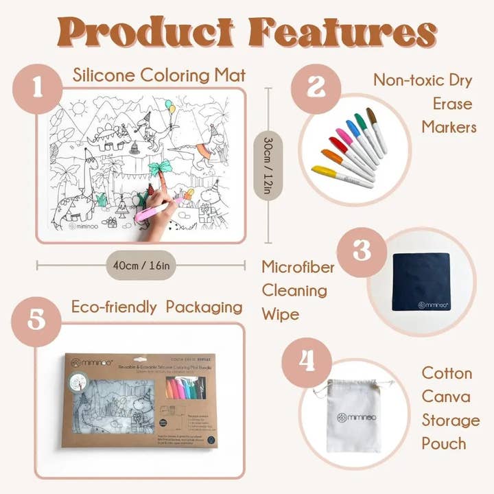 Miminoo - Wholesale Coloring Mat - Kids & Baby - Silicone Reusable Coloring Mat & Markers Set - Dinos Party2