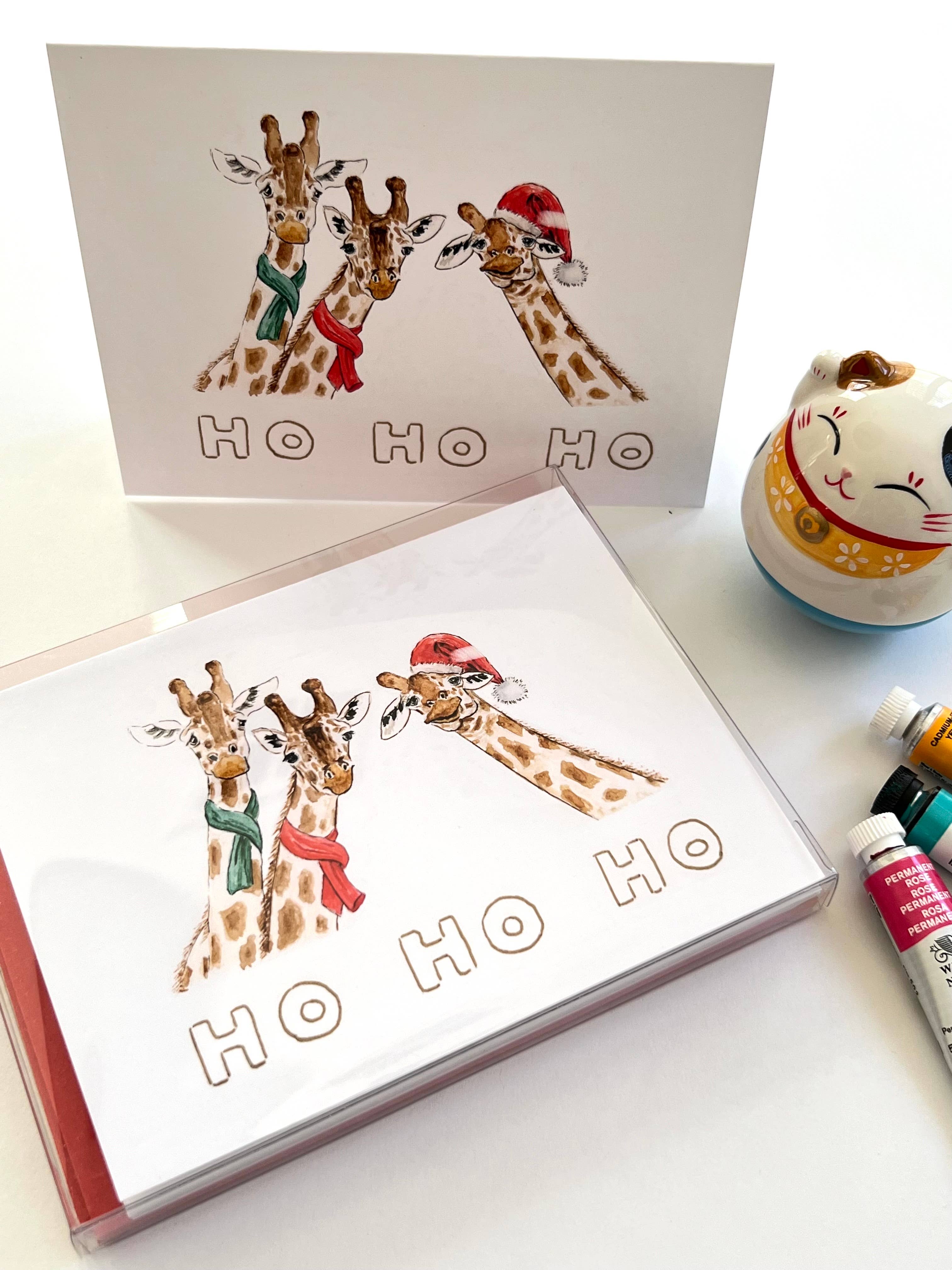 Flower Bird Art Studio - Wholesale Season's Greetings Card - Boxed holiday party invites of 8 - three giraffes1