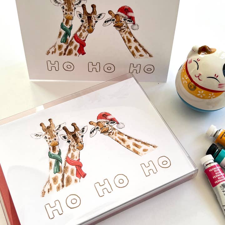 Flower Bird Art Studio - Wholesale Season's Greetings Card - Boxed holiday party invites of 8 - three giraffes1