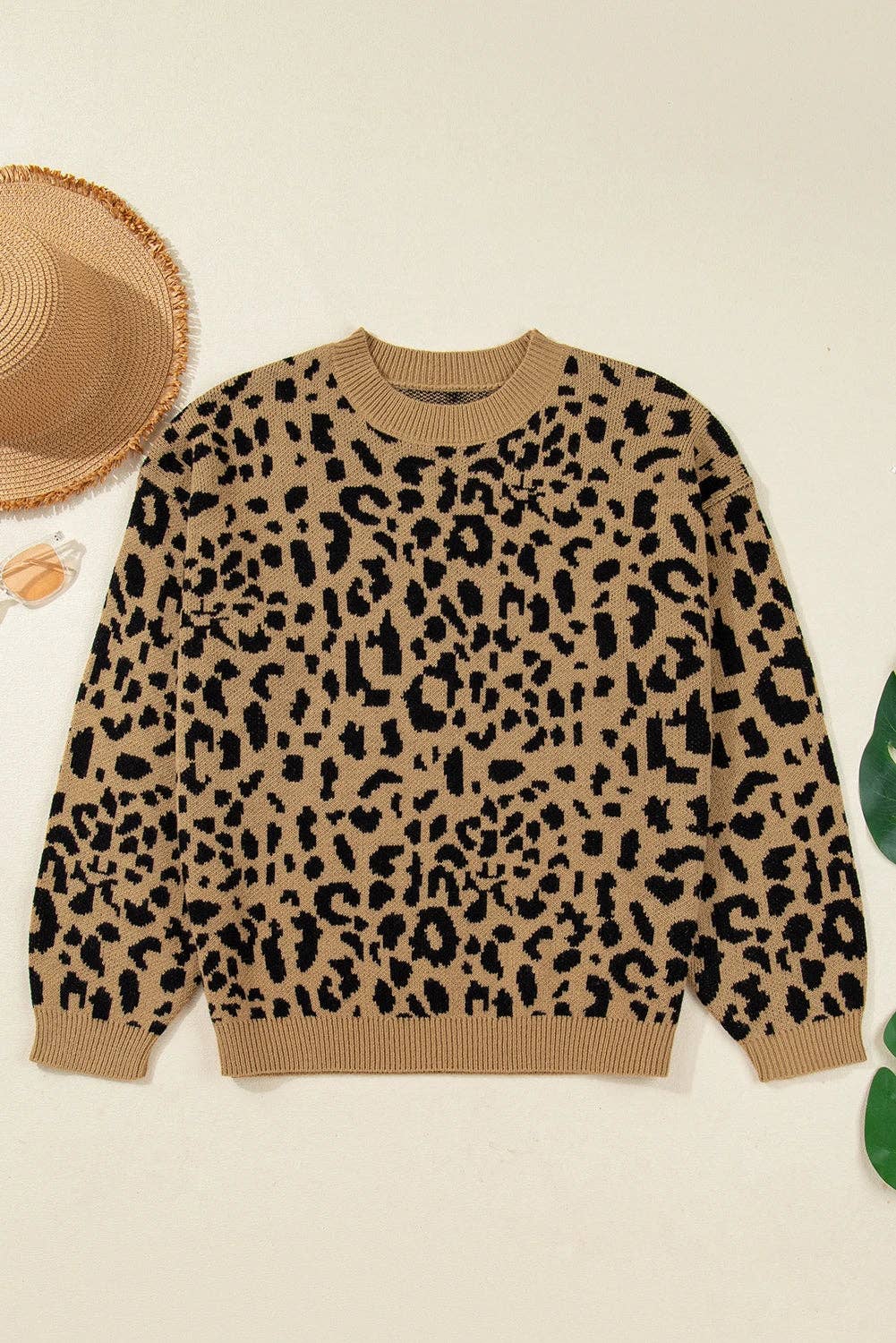 Light French Beige Ribbed Trim Round Neck Leopard Drop Shoulder Sweater for wholesale on Faire2