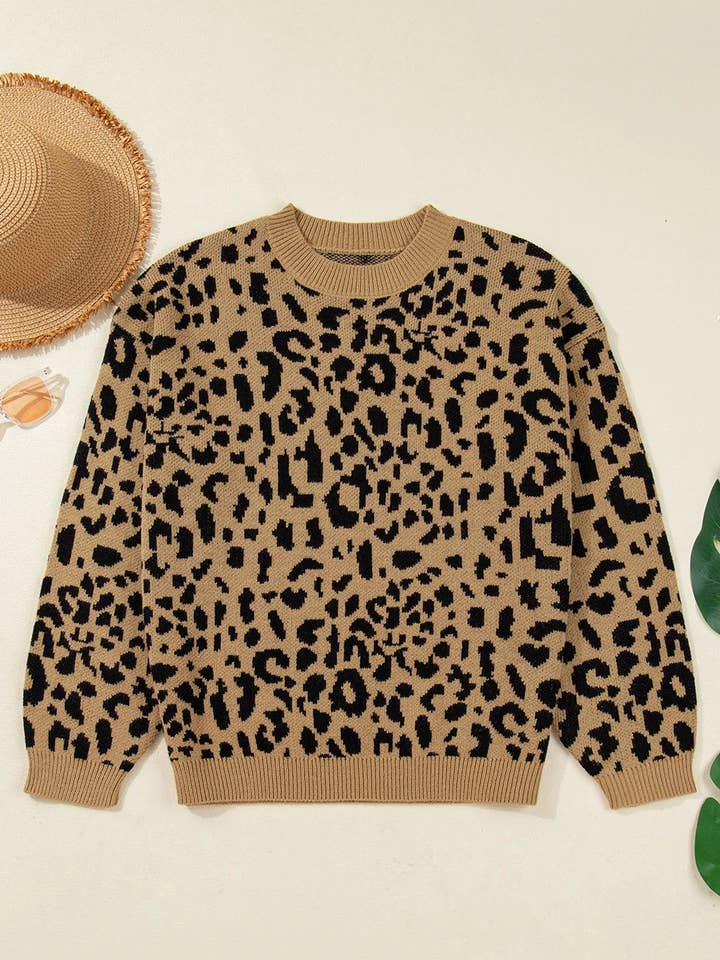 Light French Beige Ribbed Trim Round Neck Leopard Drop Shoulder Sweater for wholesale on Faire2