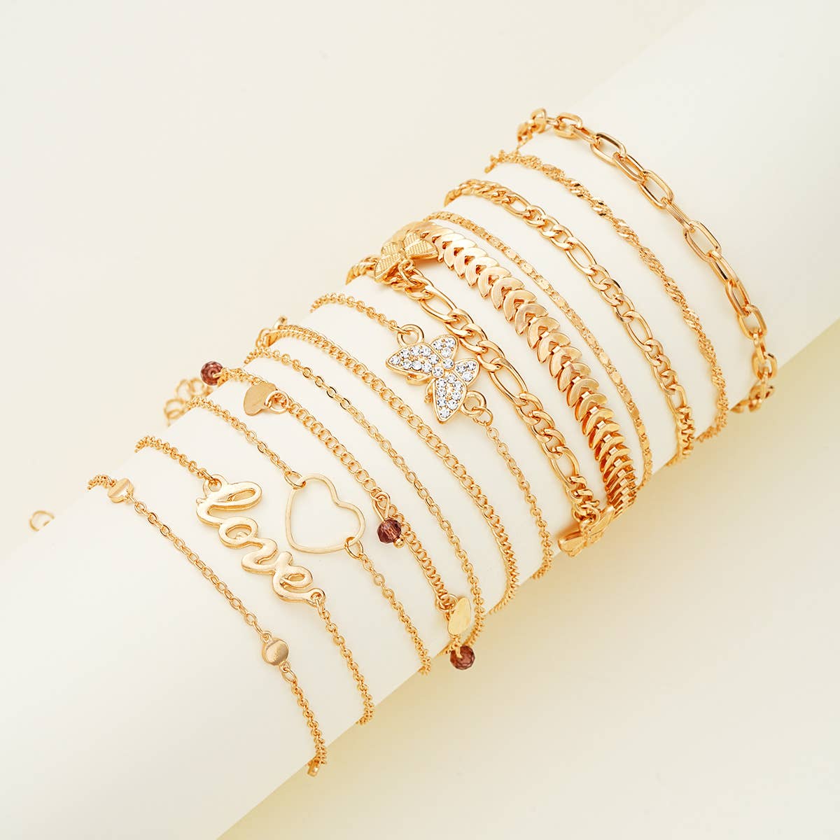 Yellow 13-Piece Gold Butterfly & Heart Alloy Anklet Set ZK2972 for wholesale on Faire3