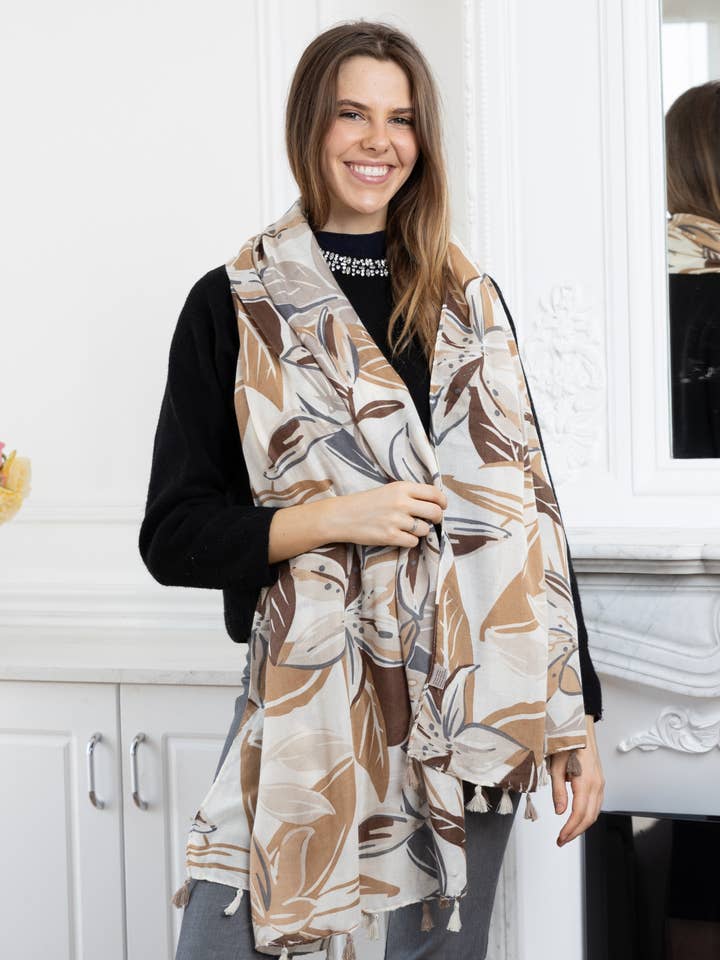 HH-229 Printed scarf with leaf pattern and tassel for wholesale by LINETA