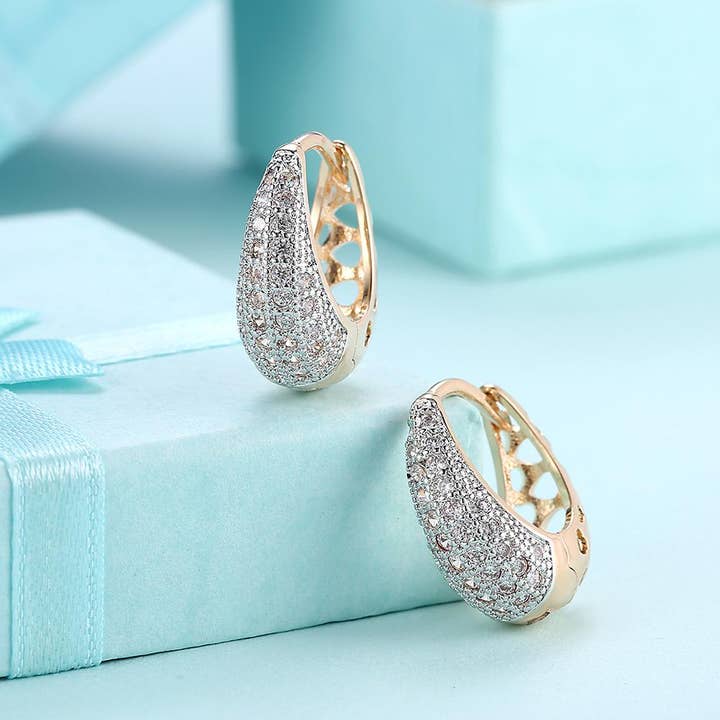 Crystals 18mm Pave Heart Filigree Teardrop Huggie Earring for wholesale by Golden NYC Jewelry