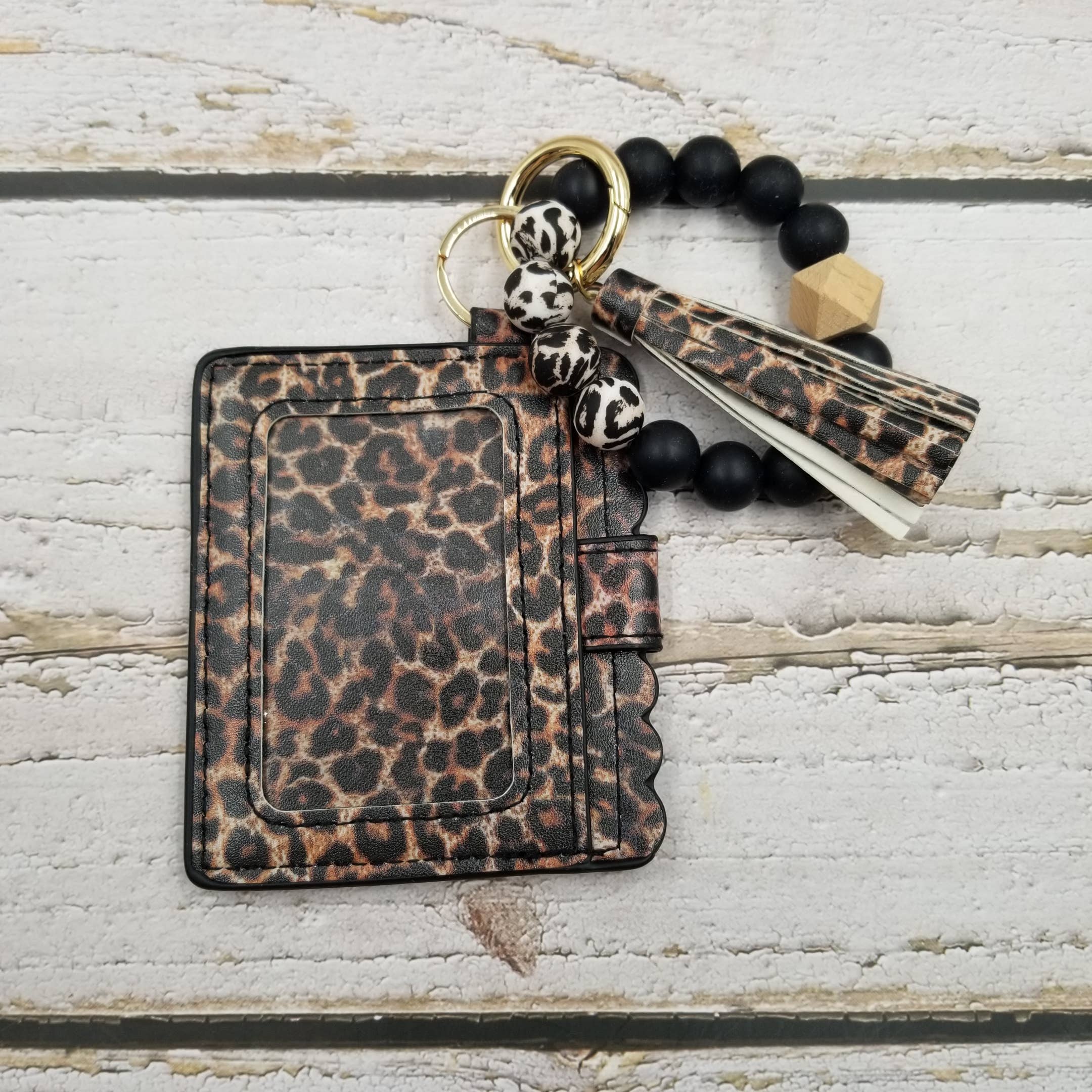 Treasure Wholesale - Wholesale Keychain Bracelet - Wood Beads Leopard Bracelet Card Wallet Keychain1