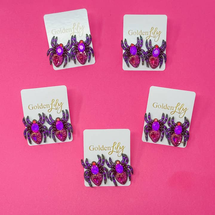Golden Lily - Wholesale Stud/Post Earrings - Halloween Rhinestone Spider Stud Earrings1