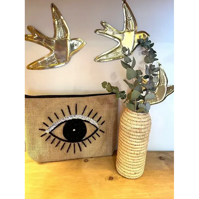 High crafty - Vendita all'ingrosso Astuccio - Donna - Pochette in Juta Fatta a Mano – Design Occhio o Occhiolino Ricamo in Lana Nera3