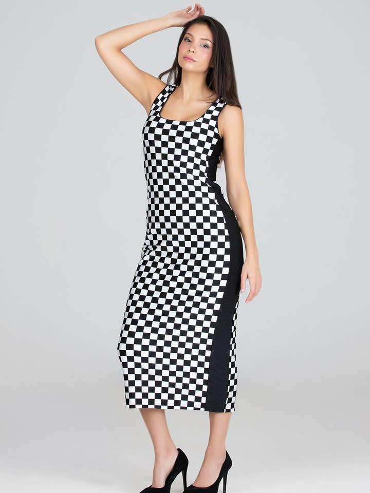 Reversible Quality Black/Checkered Pencil Long Dress for wholesale by Fever1 Fashion