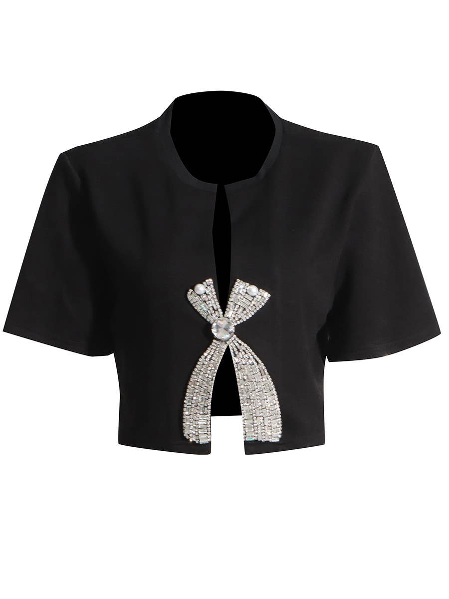 Productseeker - Wholesale Blouse - Women's - TP005 New Diamond Sequined Bow Cropped Top T-shirt0