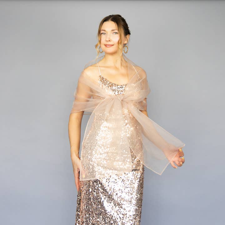 Dark Champagne Organza Sheer Wrap Shawl for Evening & Prom for wholesale by BridalSpain