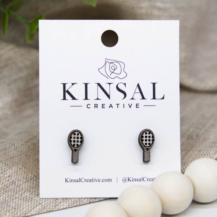 Tennis Racket Wood Stud Earrings for wholesale by Kinsal Creative