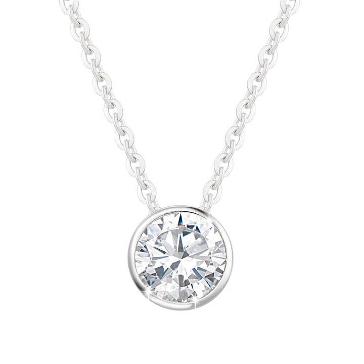 14K White Gold ONE Carat Moissanite Bezel Set Solitaire Pendant Necklace, 16+2 INCH for wholesale by Fanci Me Jewelry