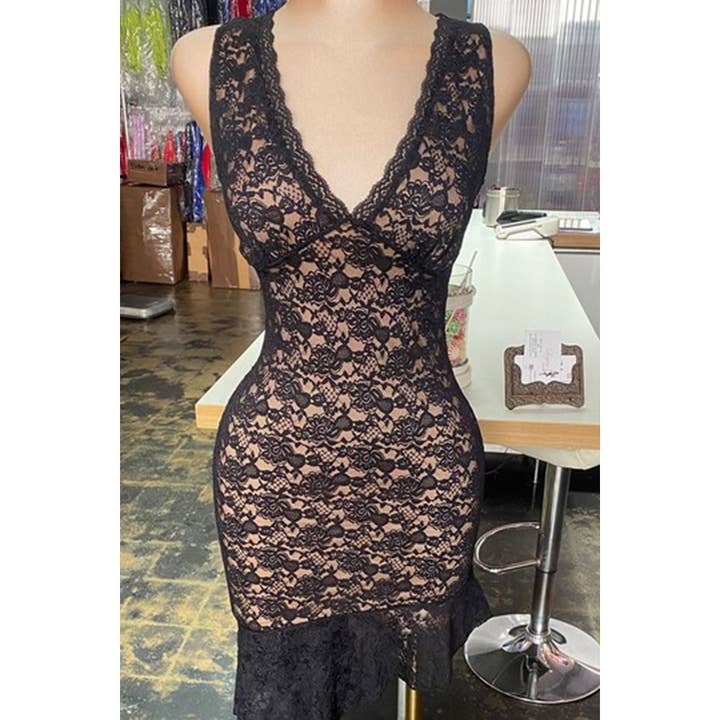 DORCAS - Wholesale Dress - Women's - Short lace dress with high low bottom
