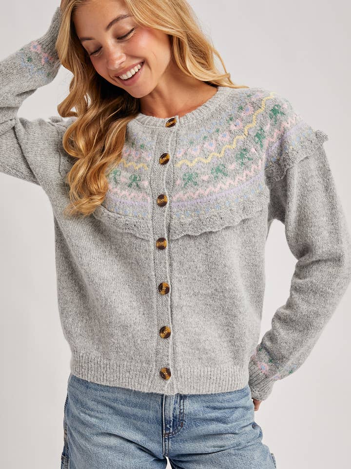 Bluivy - Wholesale Knit Sweater - Women's - BUTTON FRONT FAIR ISLE KNIT SWEATER TOP