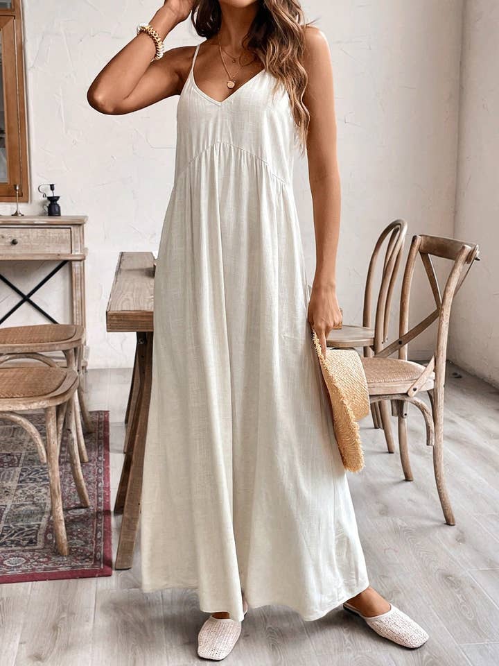 beige Linen blend Scoop Neck Cami dress with bow tie at back for wholesale on Faire