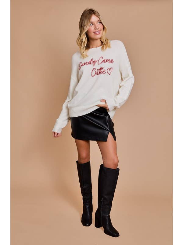 Cream Round Neck 'candy Cane Cutie' Novelty Sweater for wholesale on Faire