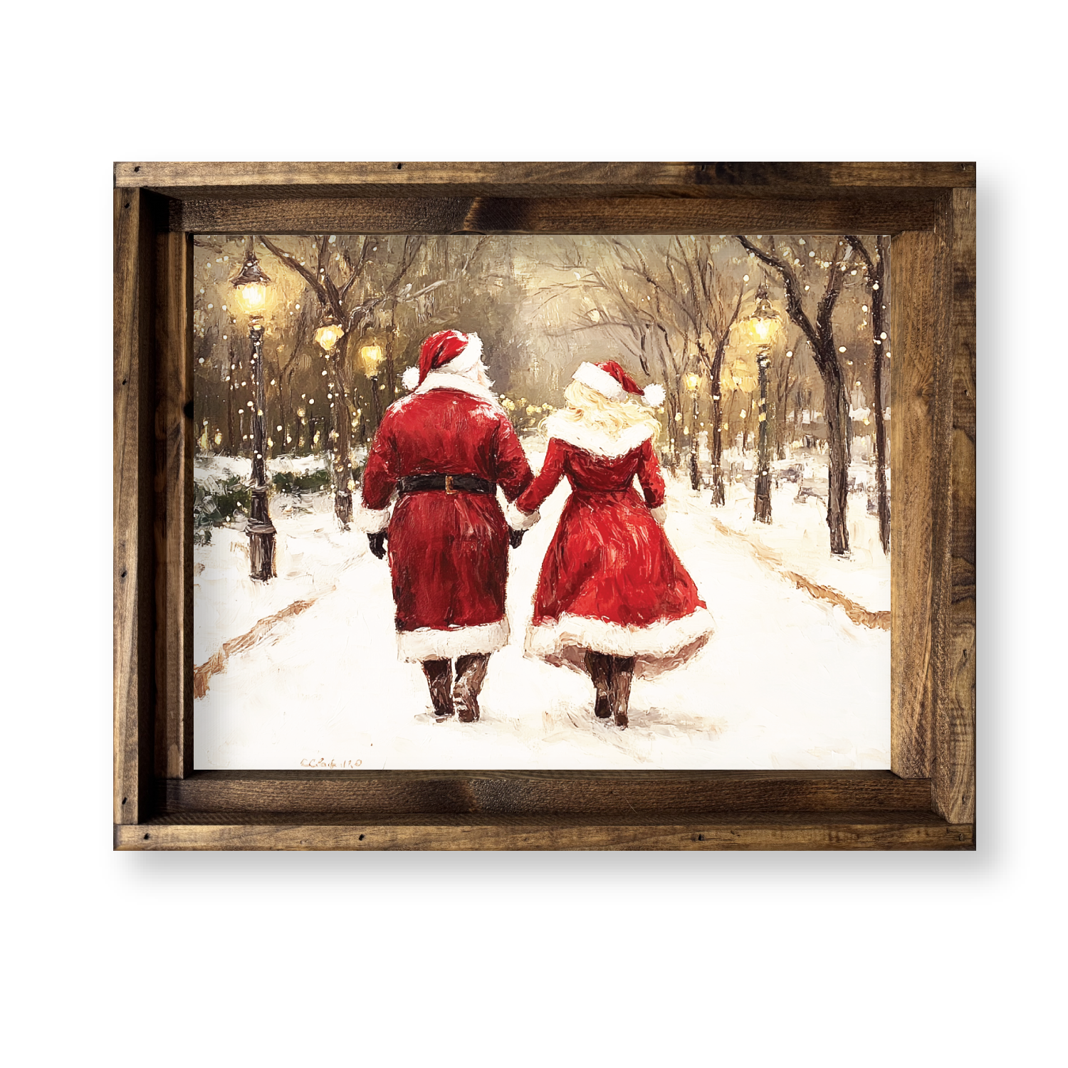 Jarmz Designs - Venta al por mayor Arte mural navideño - LIENZO ENMARCADO SEÑOR Y SEÑORA CLAUS CAMINANDO POR EL CAMINO NEVADO1