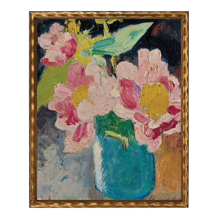 Peinture à l'huile vintage de fleurs dans un vase bleu pour la vente par Antique Curiosities Inc