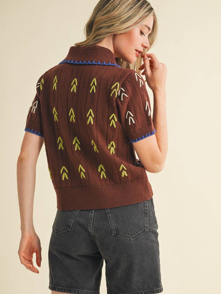 &MERCI - Wholesale Knit Sweater - Women's - HAND EMBROIDERED SHORT SLV BUTTON DOWN SWEATER MSW1095319