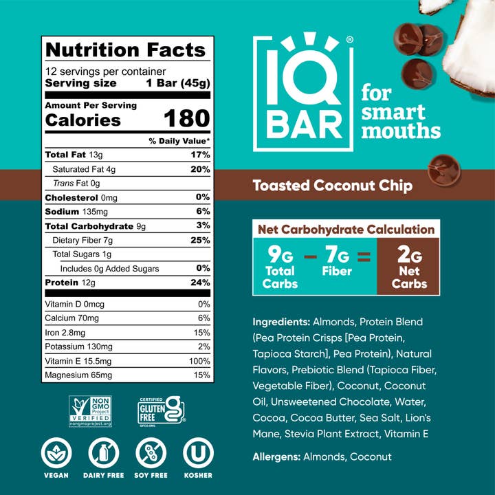 IQBAR - Wholesale Snack bar - Toasted Coconut Chip | Brain + Body Keto Protein Bars3