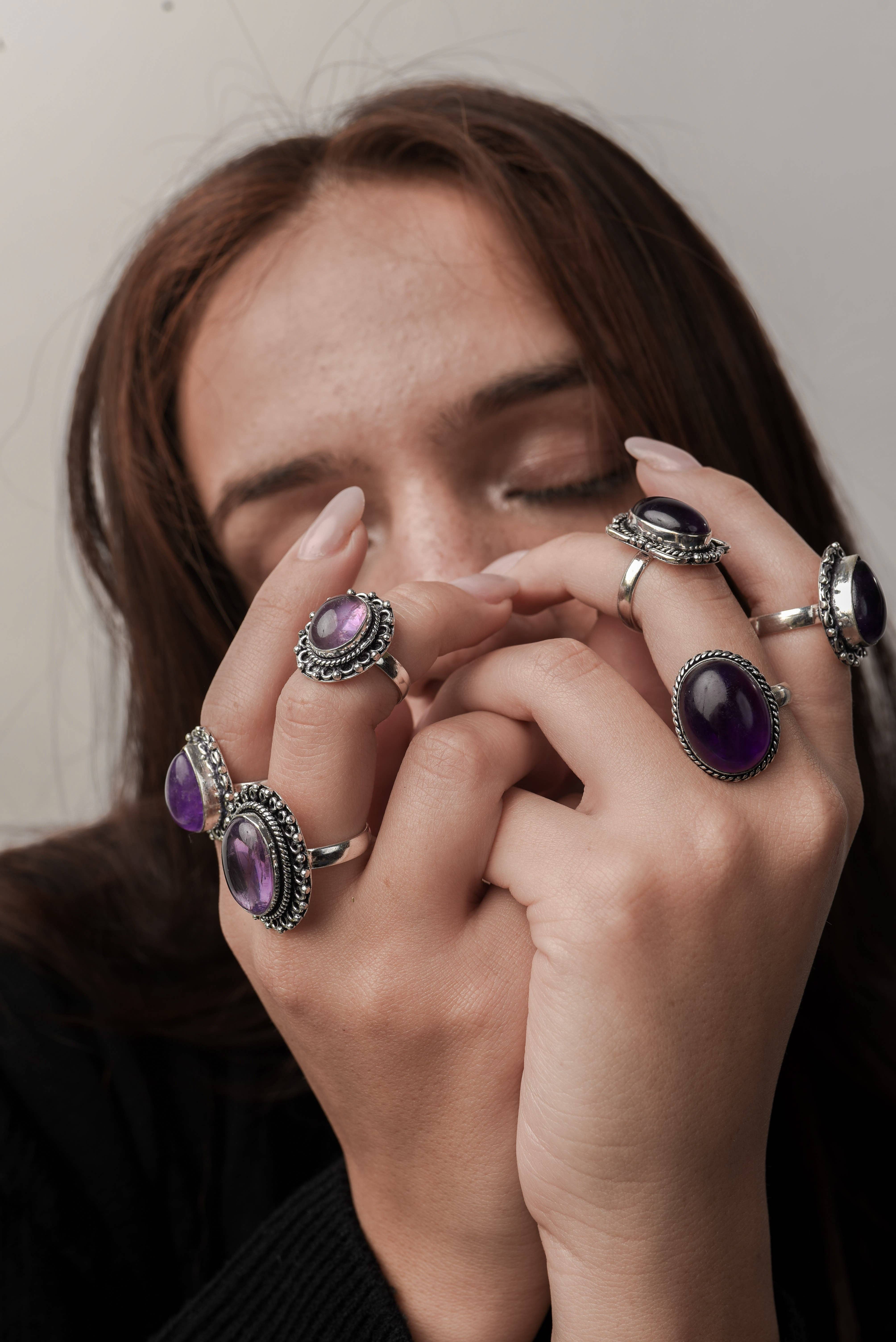 Handmade Jewels - Wholesale Cocktail/Statement Ring - Amethyst Rings for Women – Silver-Plated, Handmade, Deep Purple (US Sizes 6–10, Non-Adjustable)10
