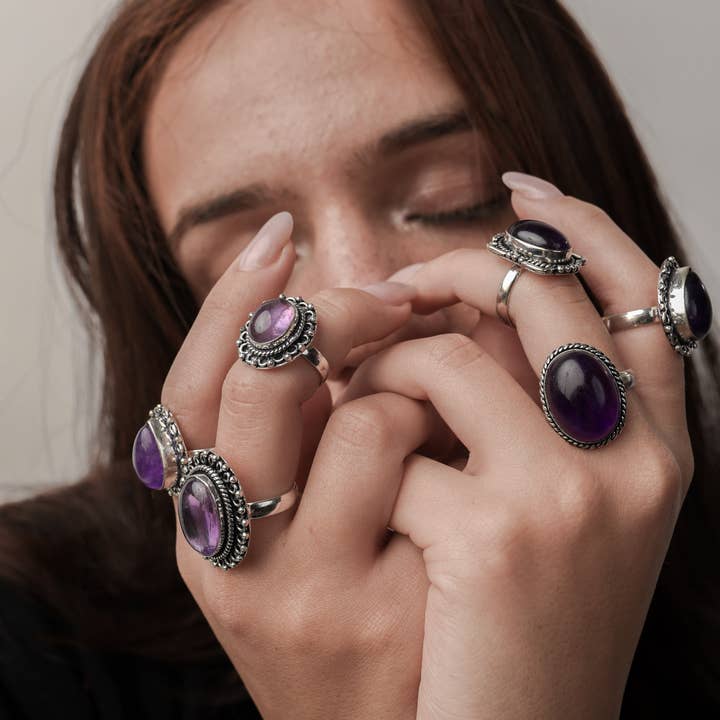 Handmade Jewels - Wholesale Cocktail/Statement Ring - Amethyst Rings for Women – Silver-Plated, Handmade, Deep Purple (US Sizes 6–10, Non-Adjustable)10