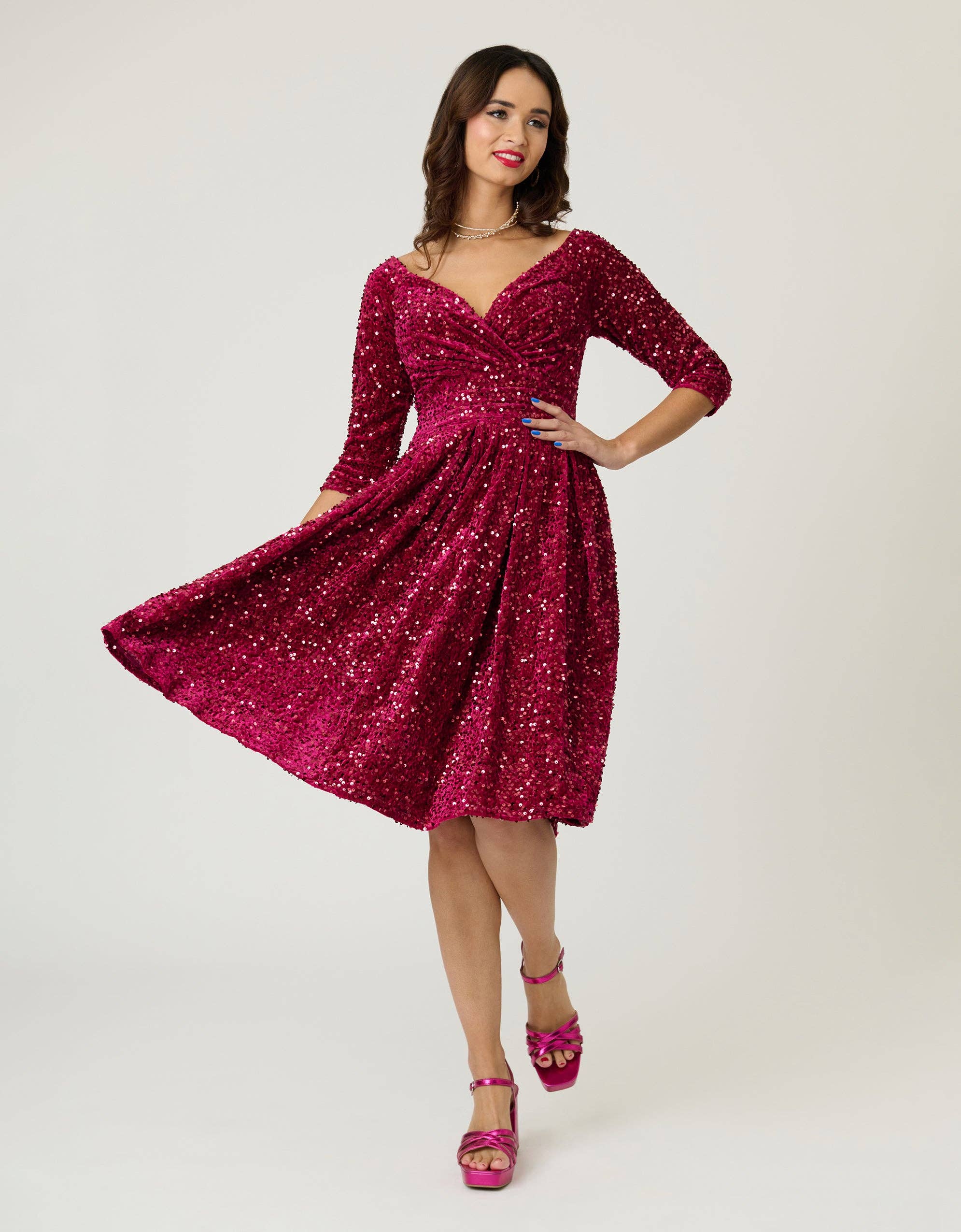 Unique Vintage - Wholesale Dress - Women's - Unique Vintage Burgundy Velvet Sequin Marceline Swing Dress