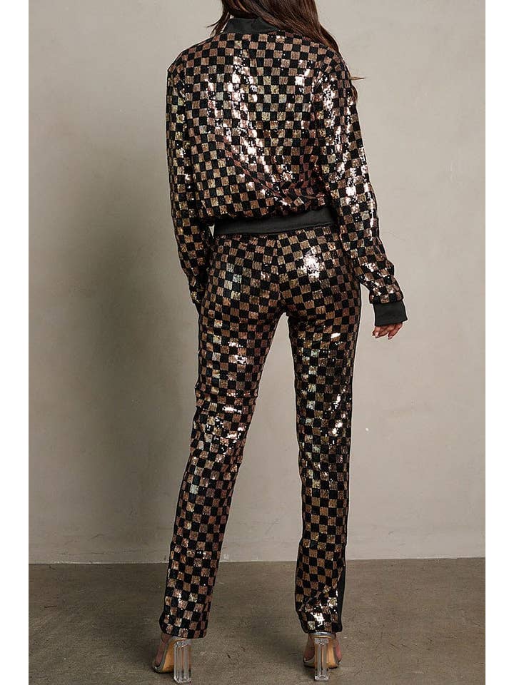 ROUSSEAU - Wholesale Top & Pant Set (NOT Loungewear) - Women's - LONG SLEEVE JACKET ELASTIC WAIST PANTS SEQUINS SET