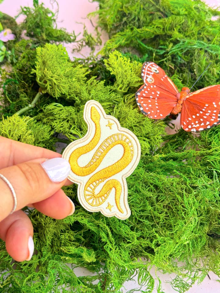 Metallic Gold Snake Embroidered (Iron-On) Patch for wholesale by Golden Hour Designs