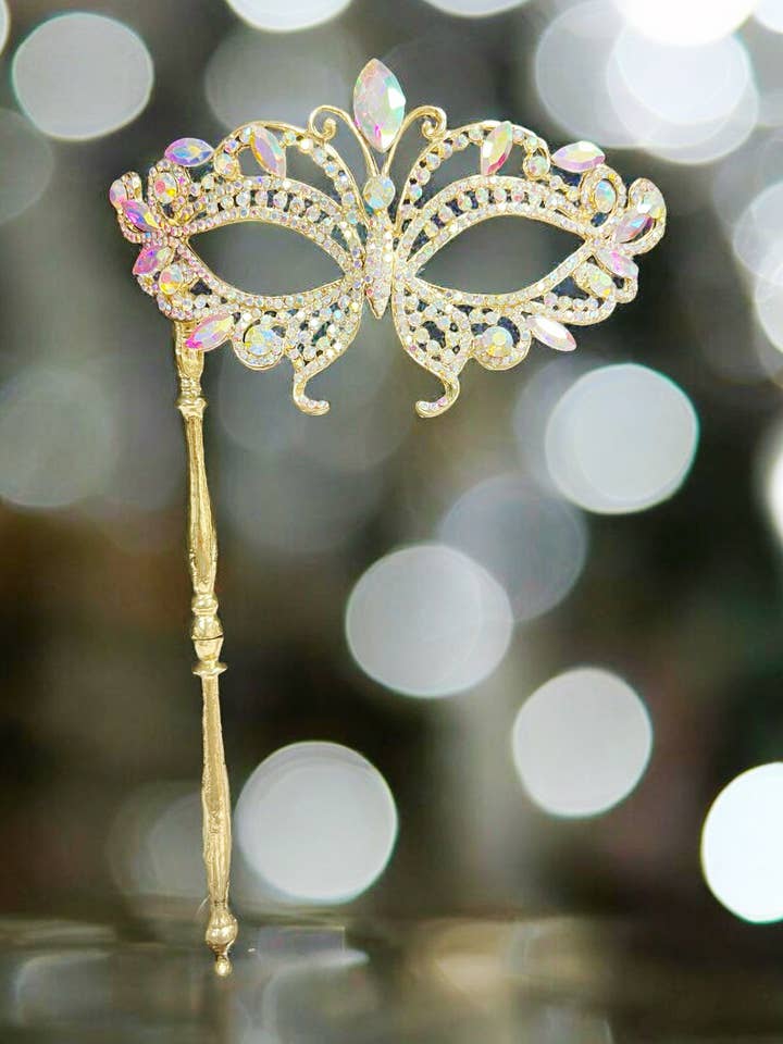 Happy Dream Gifts - Wholesale Costume - Women's - AB Crystal Masquerade Mask with Stick, Gold Wedding Mask