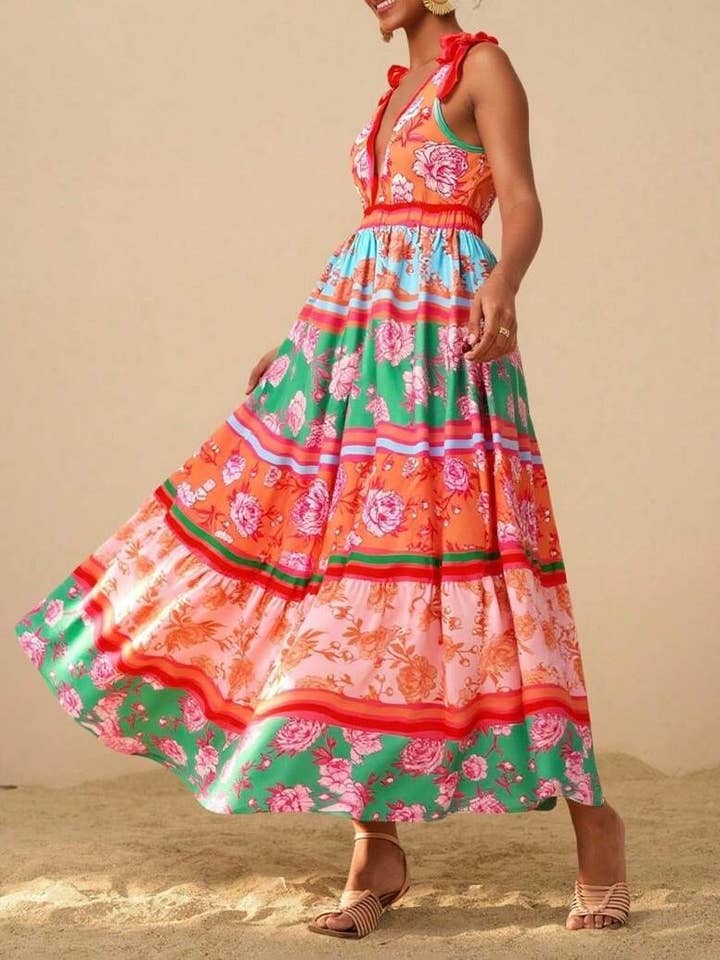 Rosa Clothing - Wholesale Dress - Women's - straps shoulder Tropical Floral print resort maxi dress14