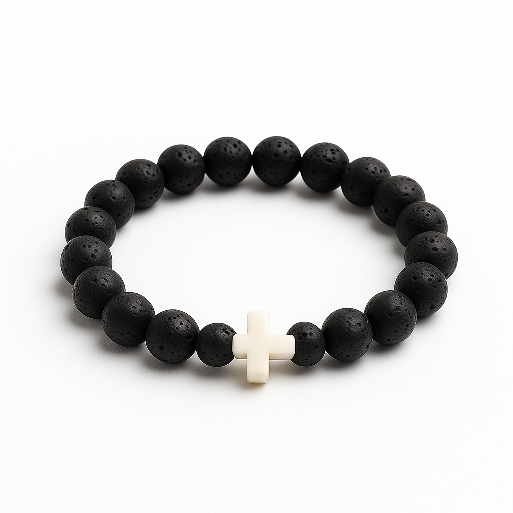 Gemscape UK - Wholesale Beaded Bracelet - Lava Rock & Black Onyx Beaded Bracelet with Cross – Healing 11