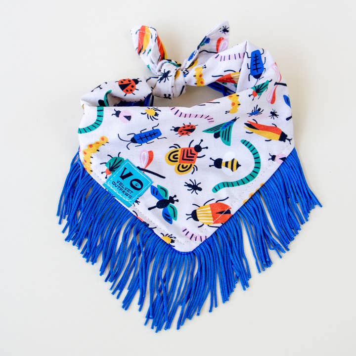 Velvet Outlaw - Wholesale Pet Bandana - Dog - Bugs with Blue Fringe Dog Bandana