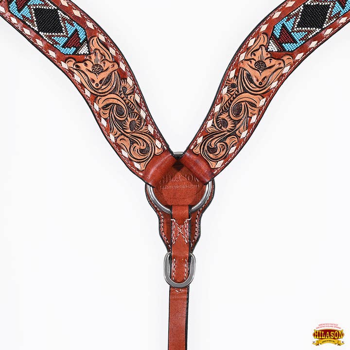 HILASON - Wholesale Horseback Riding Gear - Hilason Horse Floral Hand Carved American Leather Breast Collar Headstall W/ Beaded Work Brown4