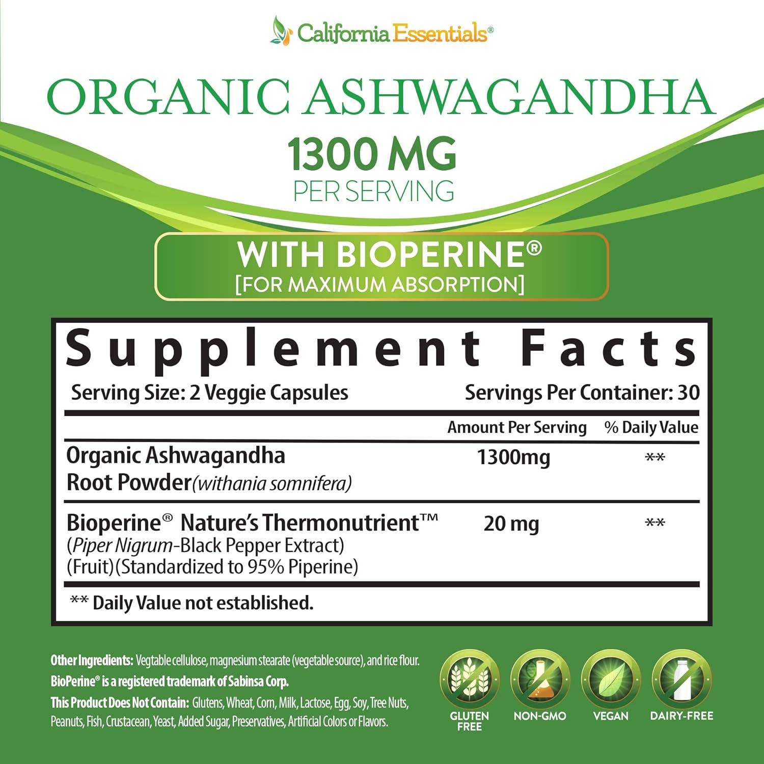 California Essentials - Vendita all'ingrosso Vitamine/integratori orali - Integratore di Ashwagandha Biologica (1300 mg) - Polvere di Radice2