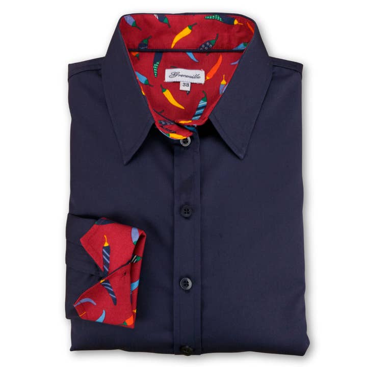 Grenouille Marineblaues Twill-Hemd mit bunten Chili-Akzenten für den Großhandel von Salamander Shirts Ltd