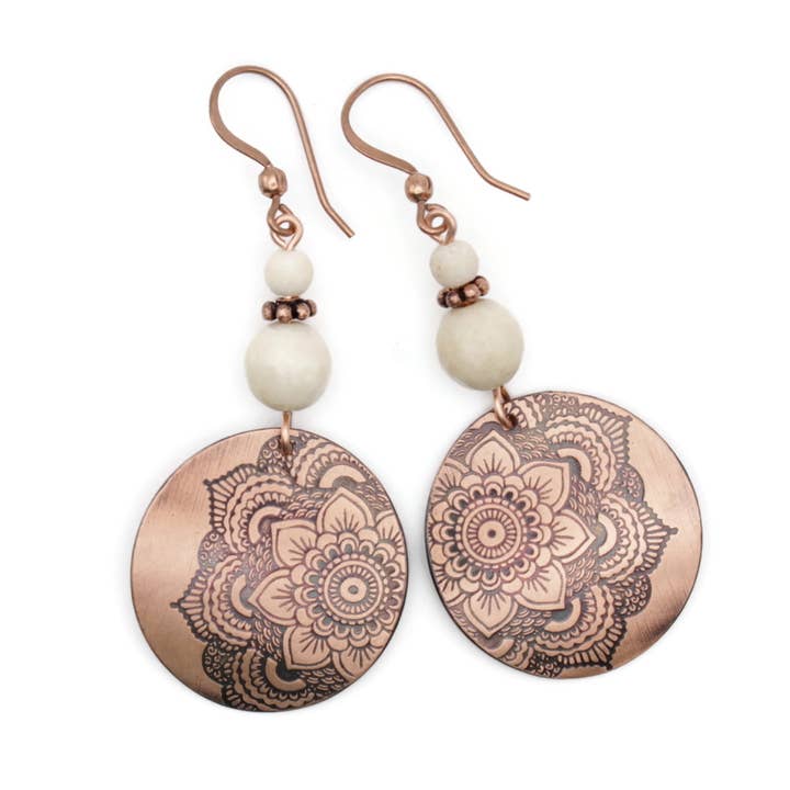 Handcrafted Solid Copper Mandala Earrings w/ Petrified Wood for wholesale by Pillar of Salt Studio