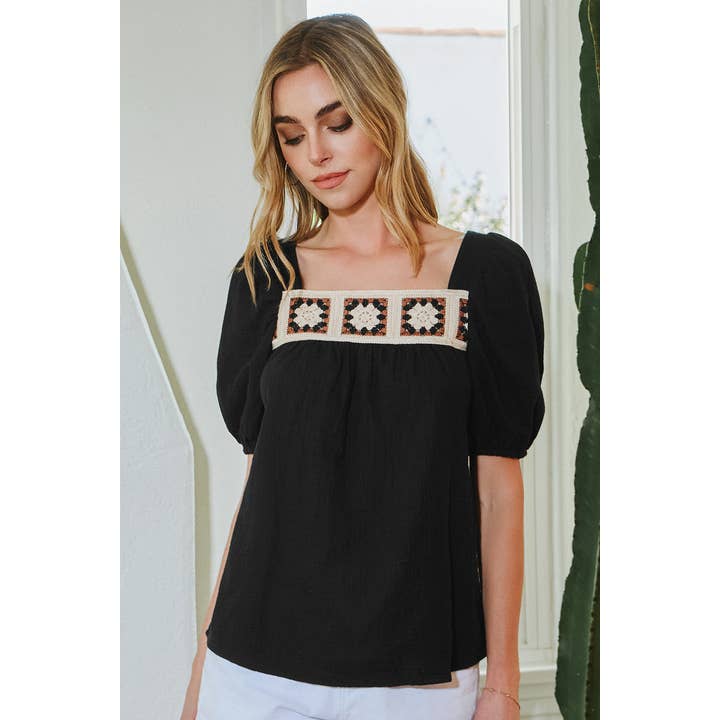 Fashion-W Flower Crochet Textured Short Sleeve Blouse for wholesale by fashionworks