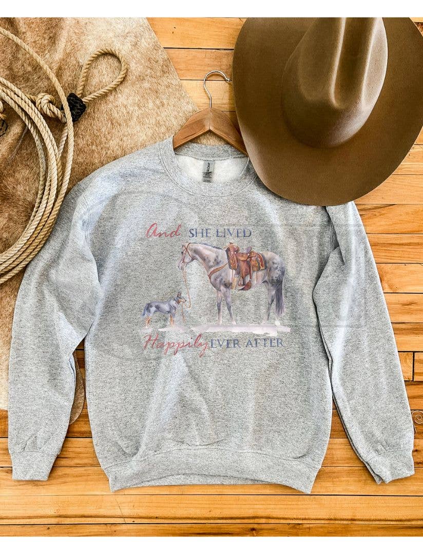 The Fringed Pineapple – Großhandel Sweatshirt mit Grafikdruck – Damen – Und sie lebte glücklich bis ans Ende ihrer Tage Sweatshirt oder T-Shirt (Grau)