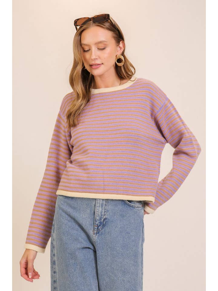 Vanilla Monkey - Wholesale Knit Sweater - Women's - Striped Contrast Trim Sweater