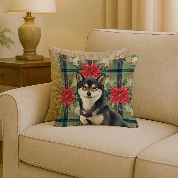 Coussin de Noël Shiba Inu noir et feu avec poinsettias 18x18 W pour la vente par Caroline's Treasures