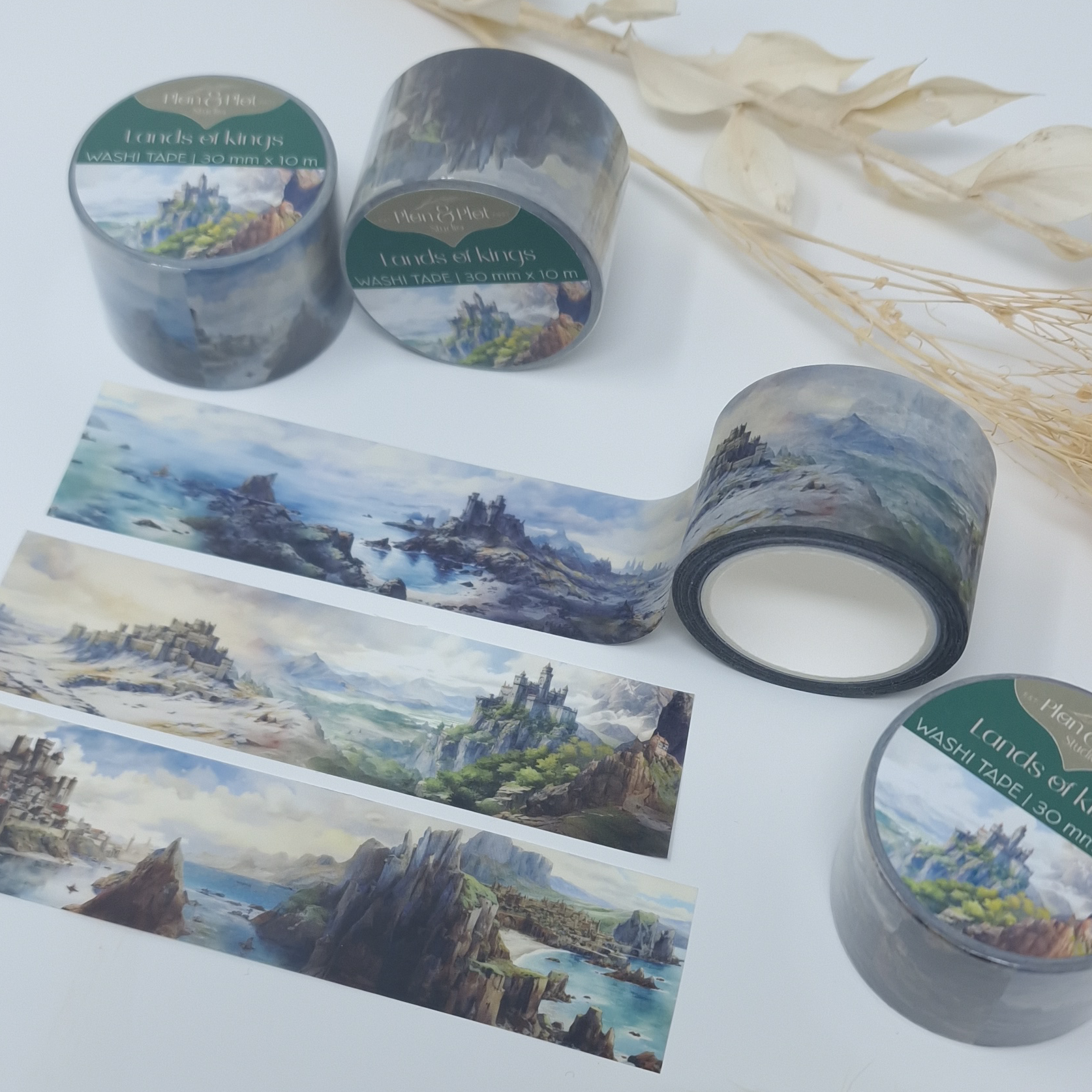 Plan & Plot Studio - Vente Rubans adhésifs Washi - Washi tape « Lands of Kings » avec paysages et châteaux médiévaux6