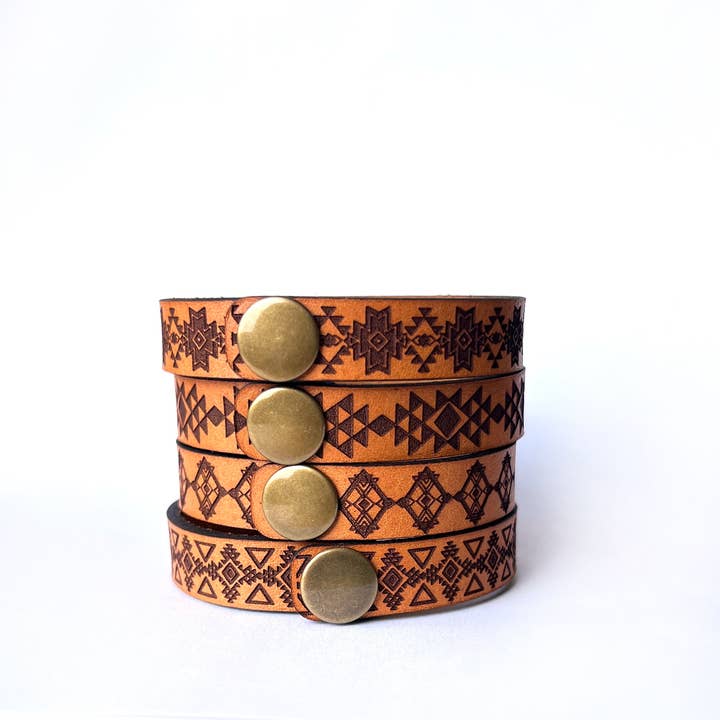 New Market Farmhouse - Wholesale Cuff Bracelet - Men's Western Boho Engraved Leather Bracelet Cuff - Snap