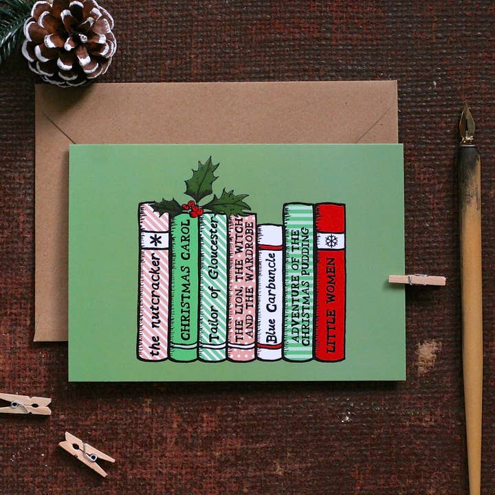 Laura Crow Illustration - Wholesale Christmas Card - Christmas Bookshelf Christmas Card