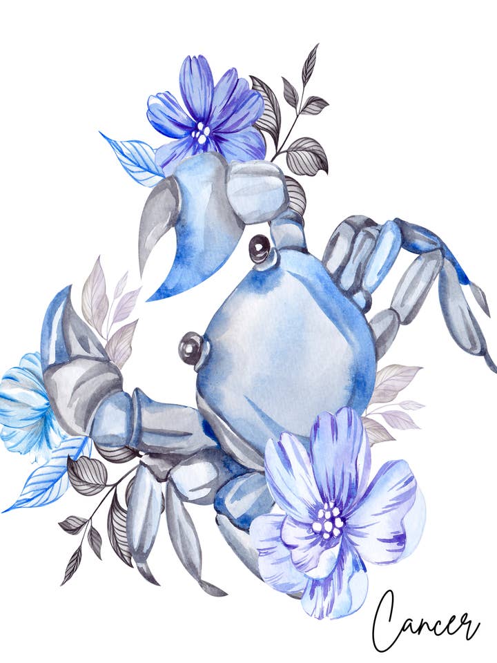 IMPRESSION ARTISTIQUE ZODIAQUE AQUARELLE SUR LE CANCER, 8 x 10 pour la vente par Soraya Moon Co.