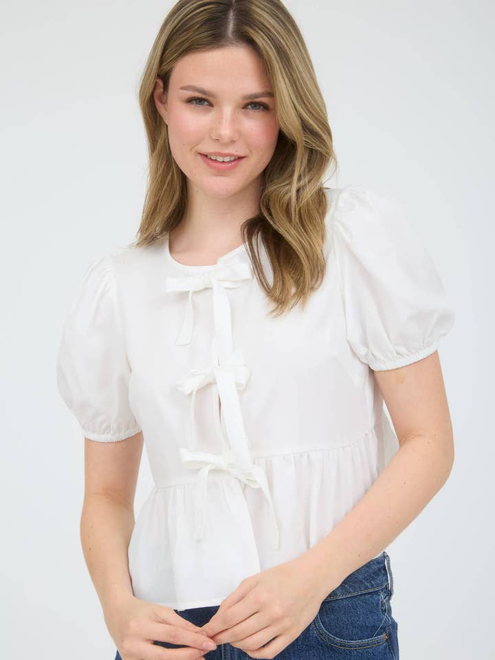 MINE - Wholesale Blouse - Women's - BOW FRONT TIE PUFF SLEEVE WOVEN TOP