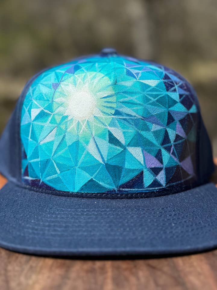 "Fractal Blue" Hand Painted Hat for wholesale by Mary Bea Art