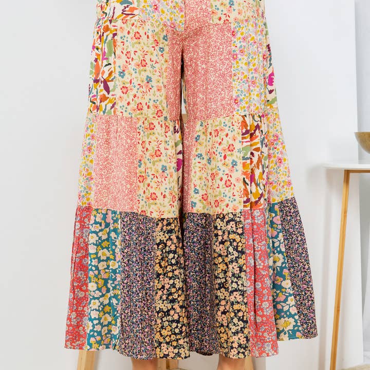 Young Threads - Wholesale Pants - Women's - Printed Patchwork Overdyed Pants With 4 Tiers